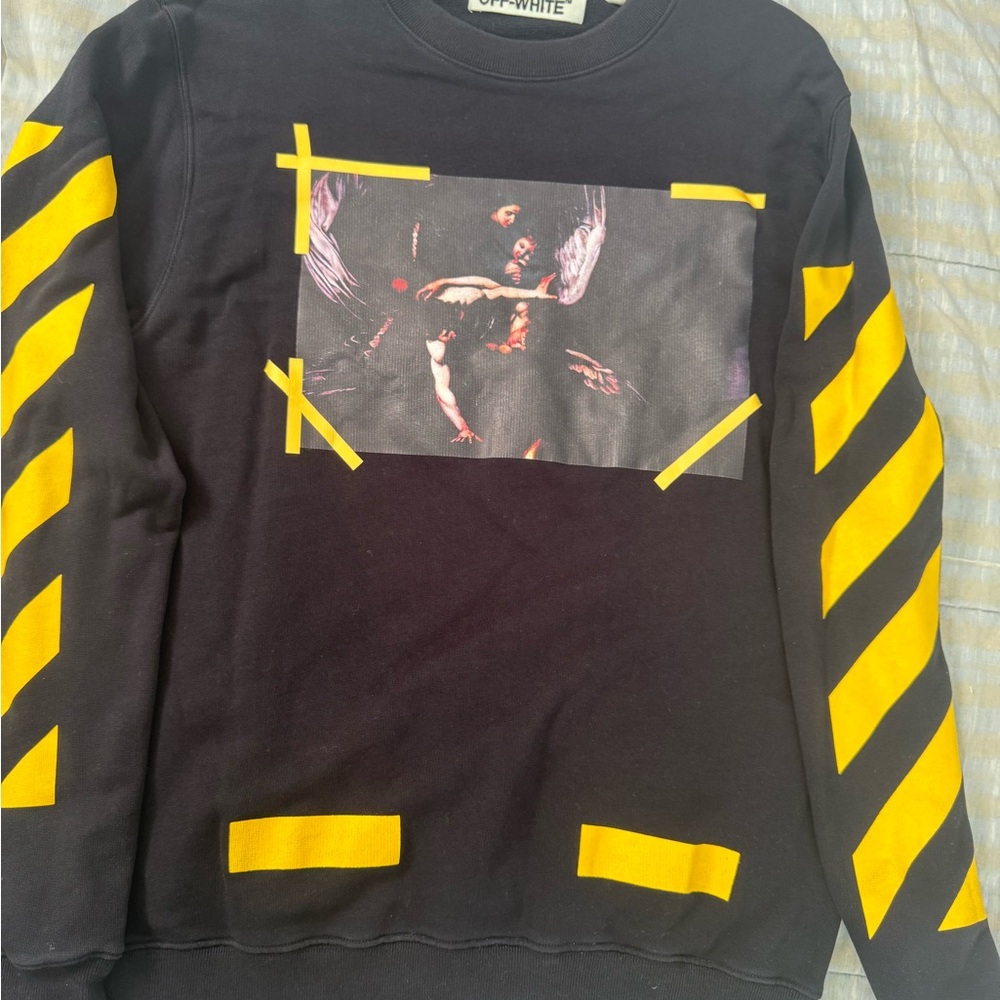Off-White Black and Yellow Crewneck Sweater with Diagonal Stripes